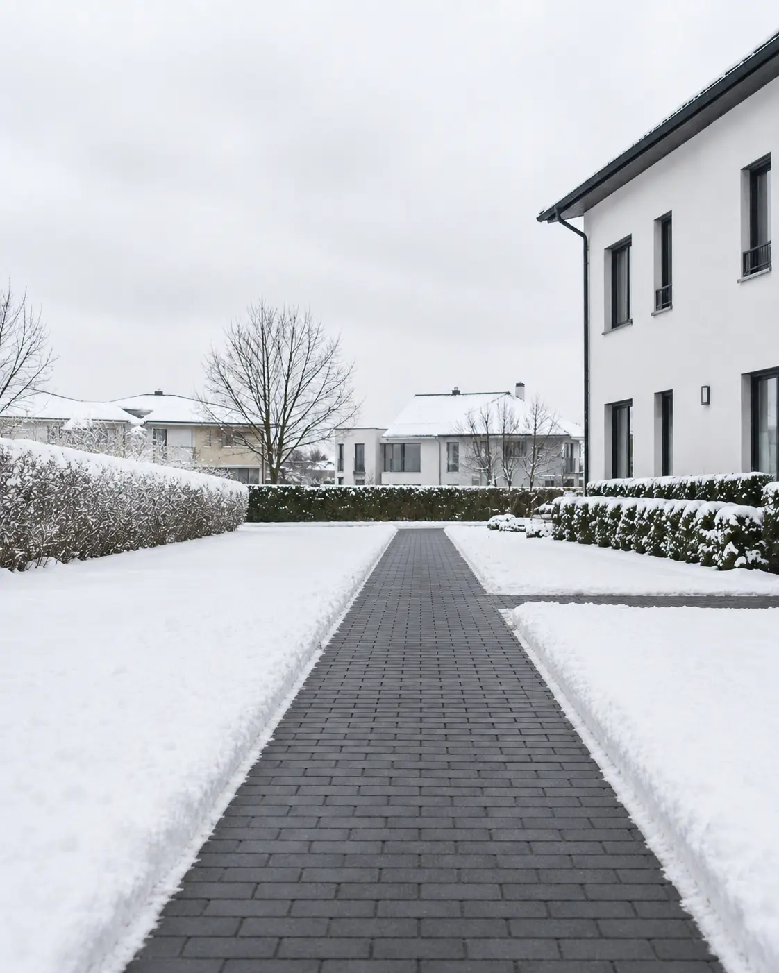 Geräumter Zuweg nach dem Winterdienst, Schnee liegt geordnet am Rand