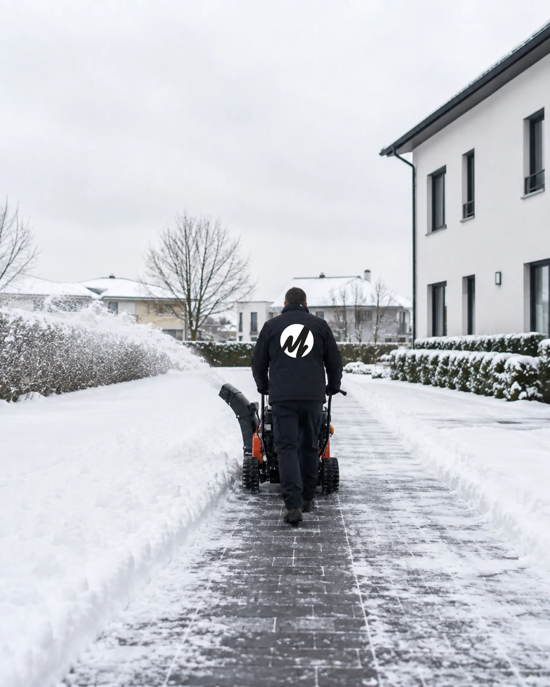 Mitarbeiter räumt mit einer Fräse eine Fläche im Rahmen des Winterdienstes